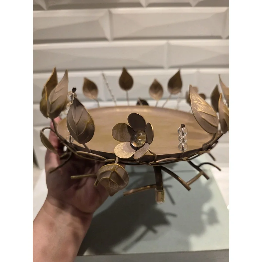 Partylite #3302 Golden Leaves 3-Wick Metal Bronze Color Candle Holder Tray - Picture 5 of 9